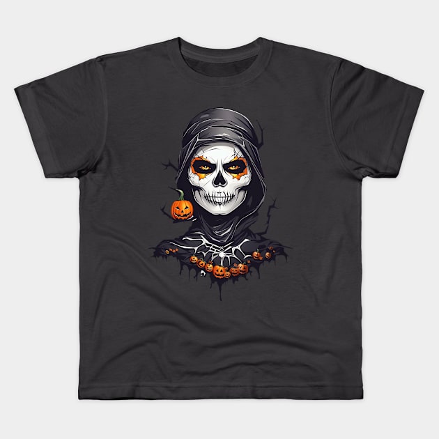 Halloween Black Cloaked Skeleton AI Art Kids T-Shirt by koolteas